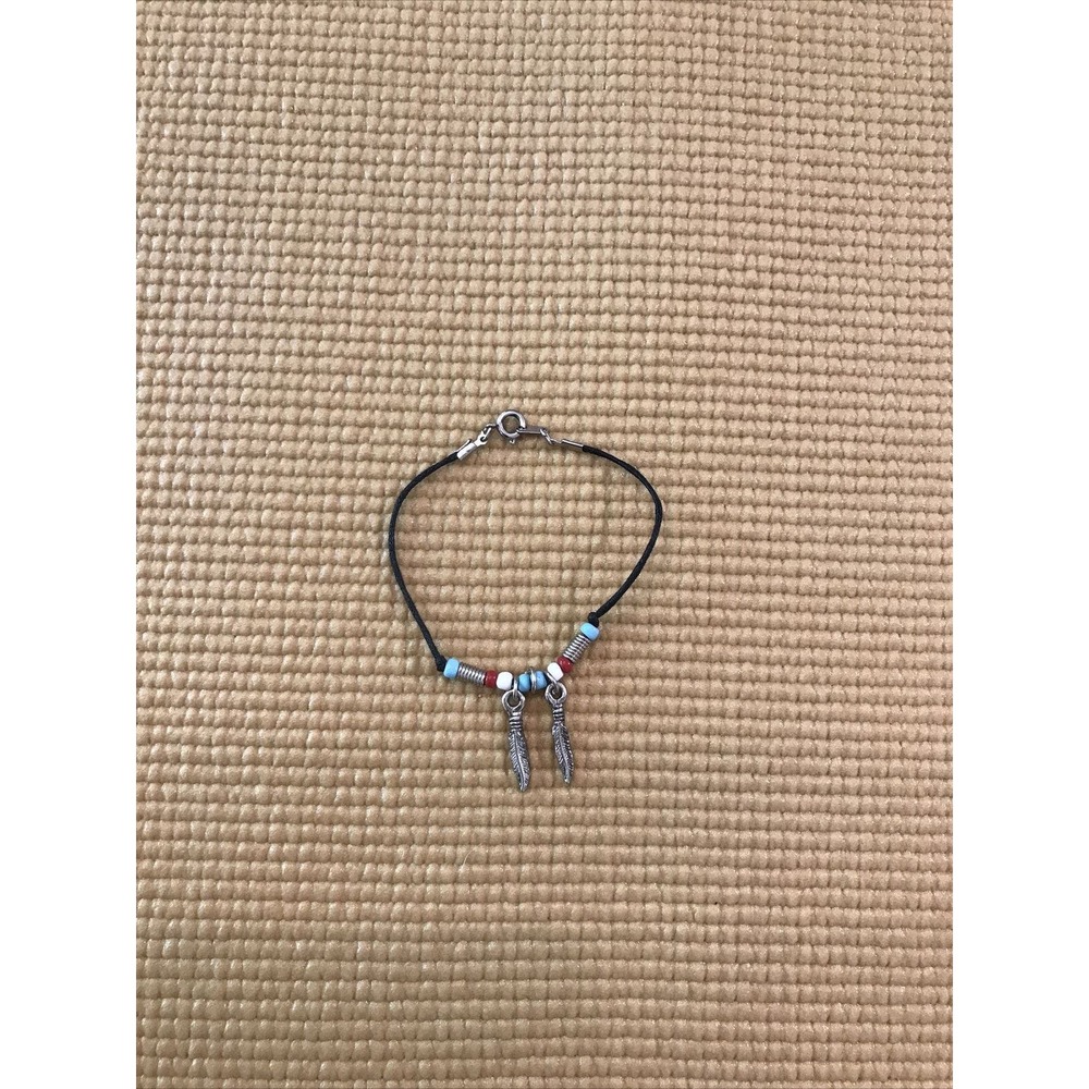 Feather Charm Bracelet Silver Tone Feathers Turquoise Black Faux Leather Tribal